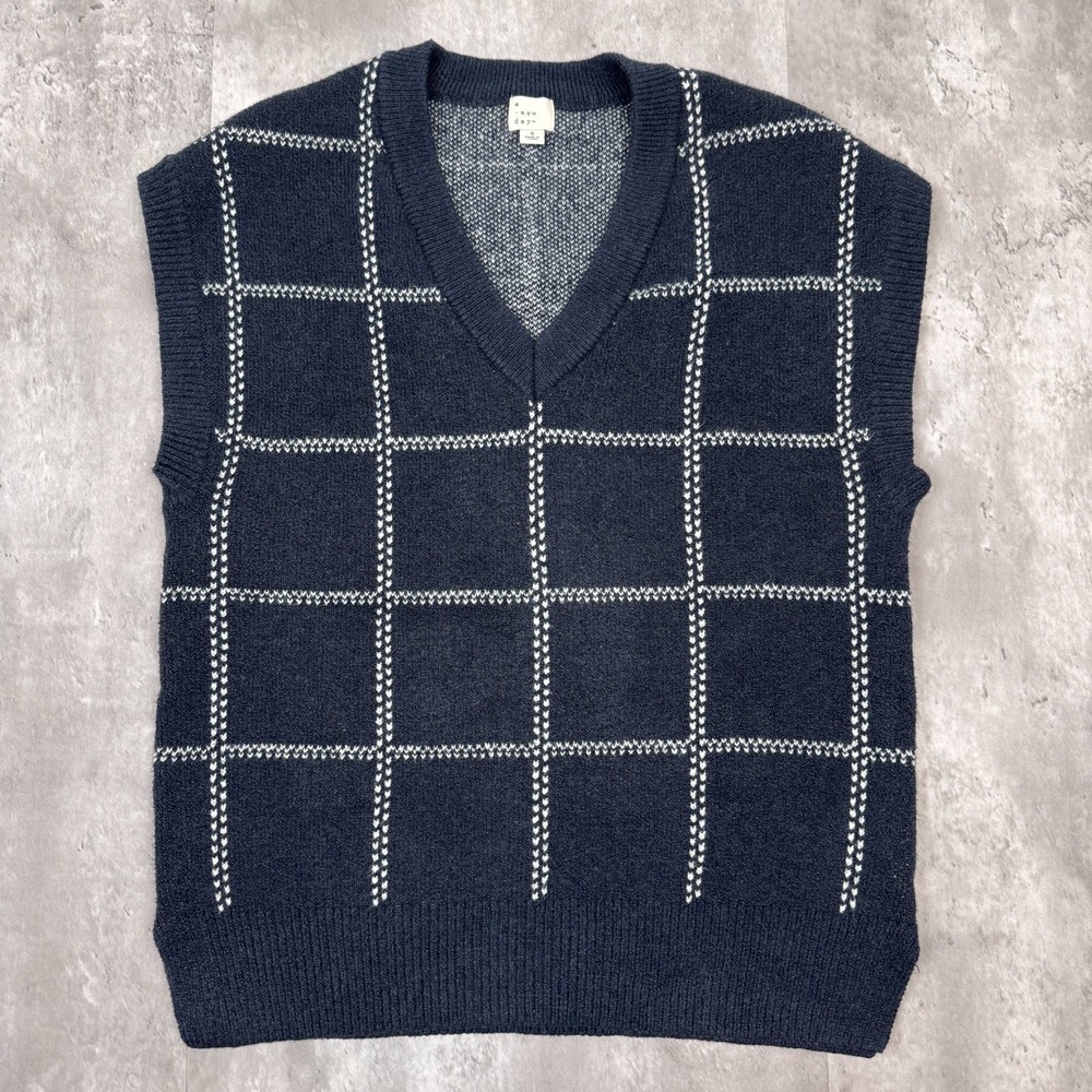 A‎ New Day Oversized Sweater Vest Womens Small Blue Plaid Knit Target Cotton
